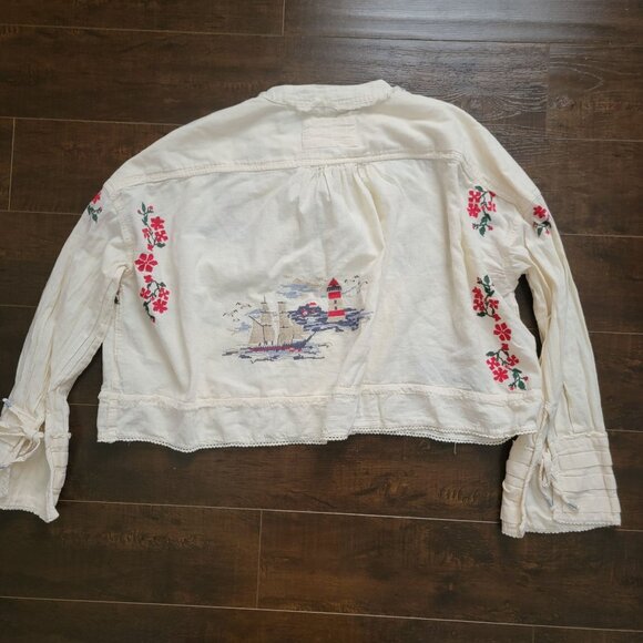 Free People Ships And Sails Embroidered Top Womens L Nautical Floral Boho Chic - Picture 4 of 9